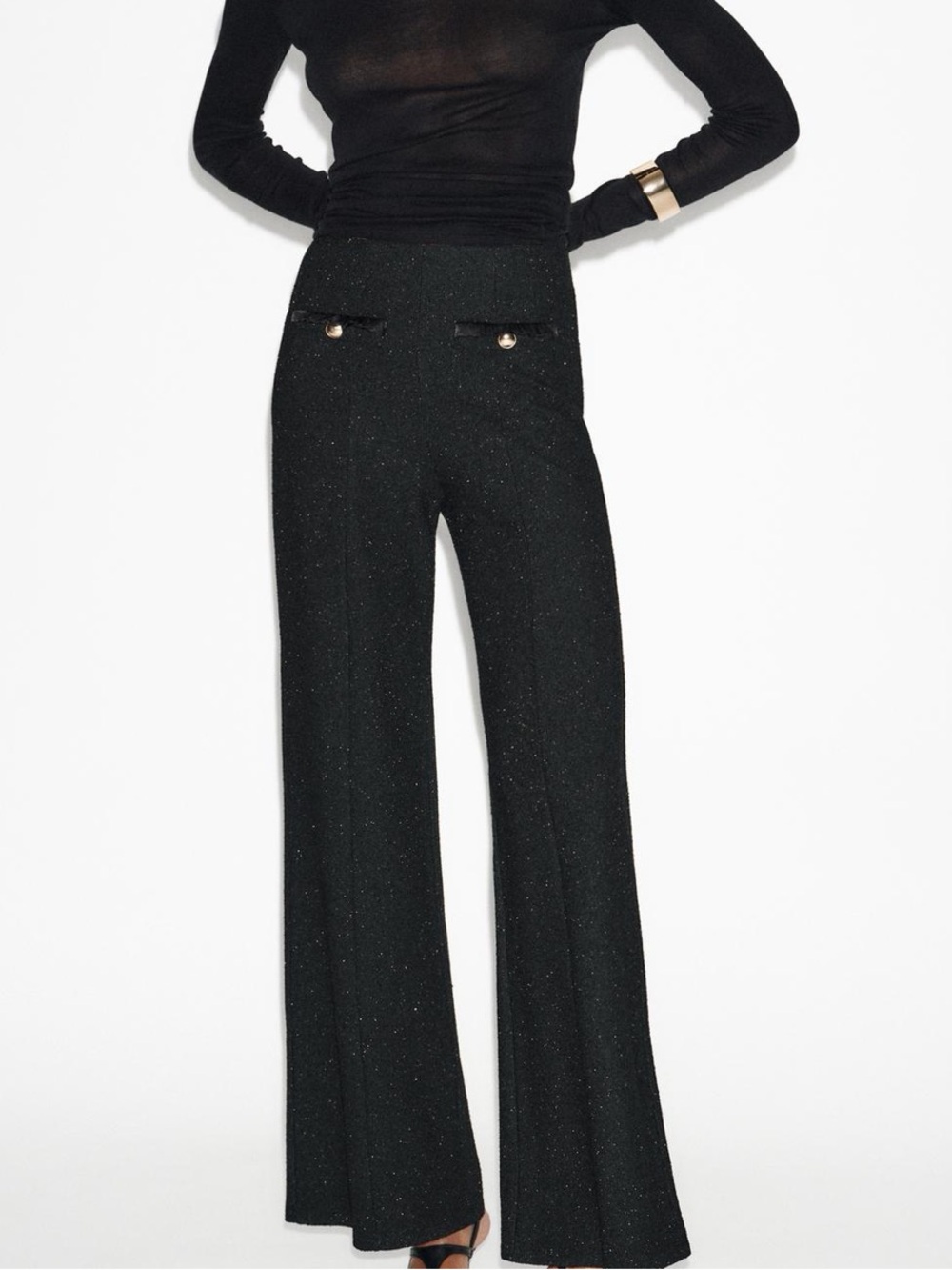 Zara NWT Black gold metallic thread Wide-Leg gold button Pants